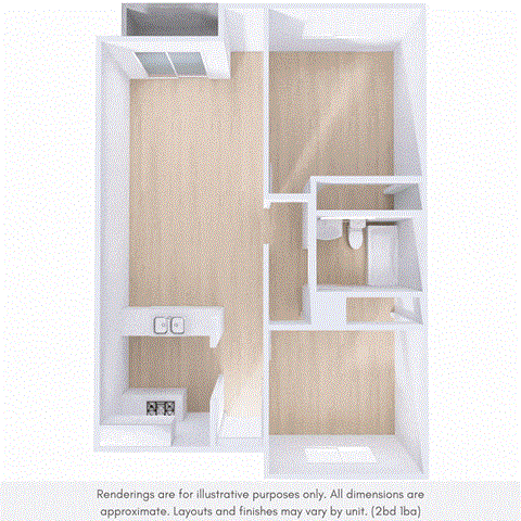 Floor plan for 2 beds, 1 bath, 950 sqft